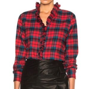 Isabel Marant Etoile Red and Green Plaid Button-Front Top with Ruffled Collar